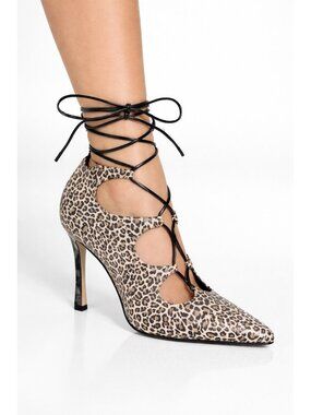 FREDERICKS OF HOLLYWOOD shoes heels pumps stiletto animal print 8 lace up bow